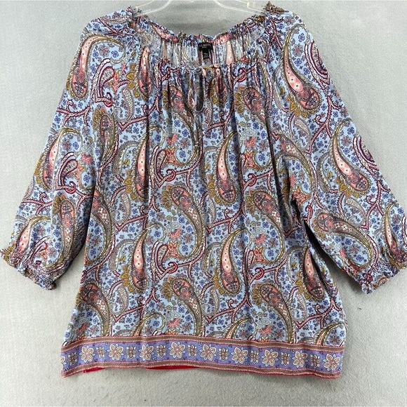 Talbots Shirt Womens Sz XLP Petite Blue Red Tunic Ruffle Tie Neck Lightweight - Picture 1 of 11